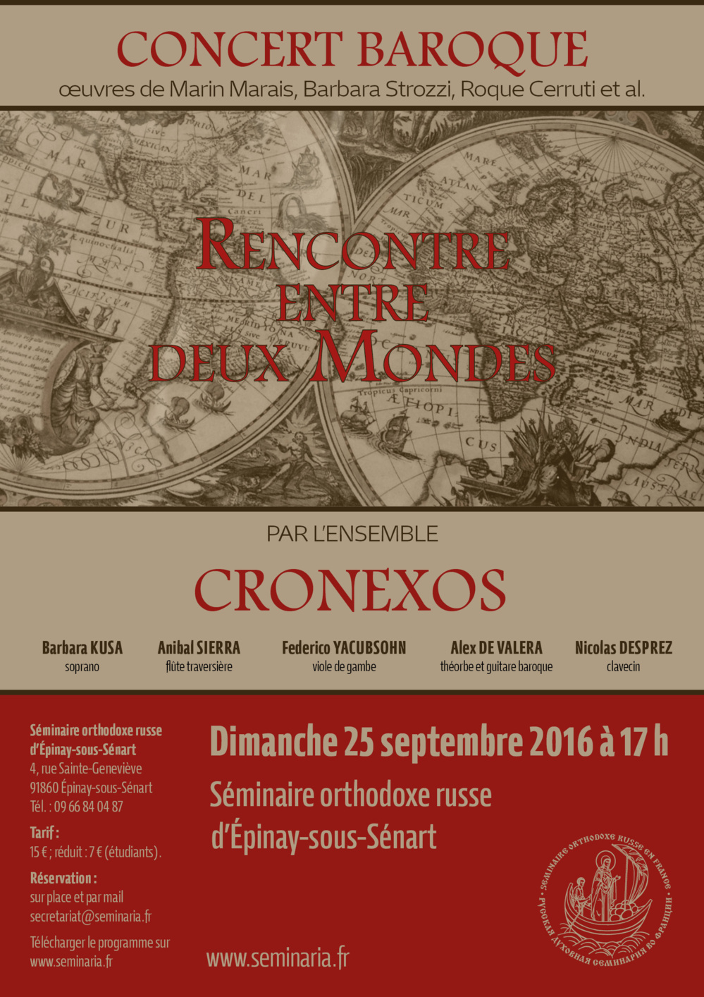 Concert de musique baroque par l'ensemble Cronexos : "Rencontre entre deux mondes". Dimanche 25 septembre à 17 h au Séminaire