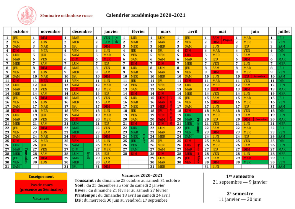 Calendrier académique 2020–2021 Calendrier académique 2020–2021