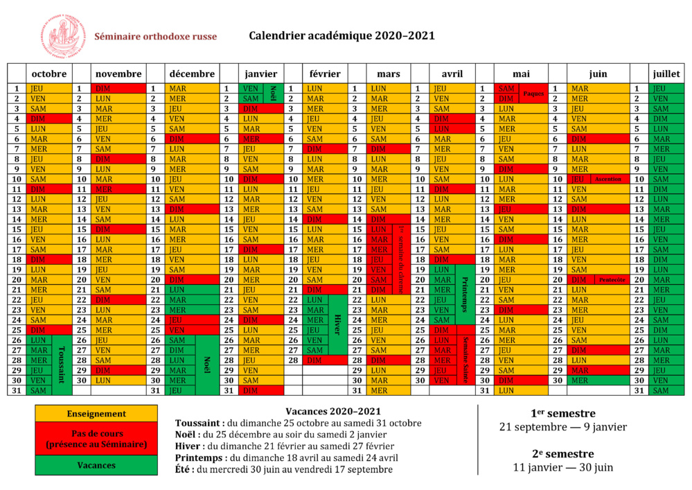 Calendrier académique 2020–2021