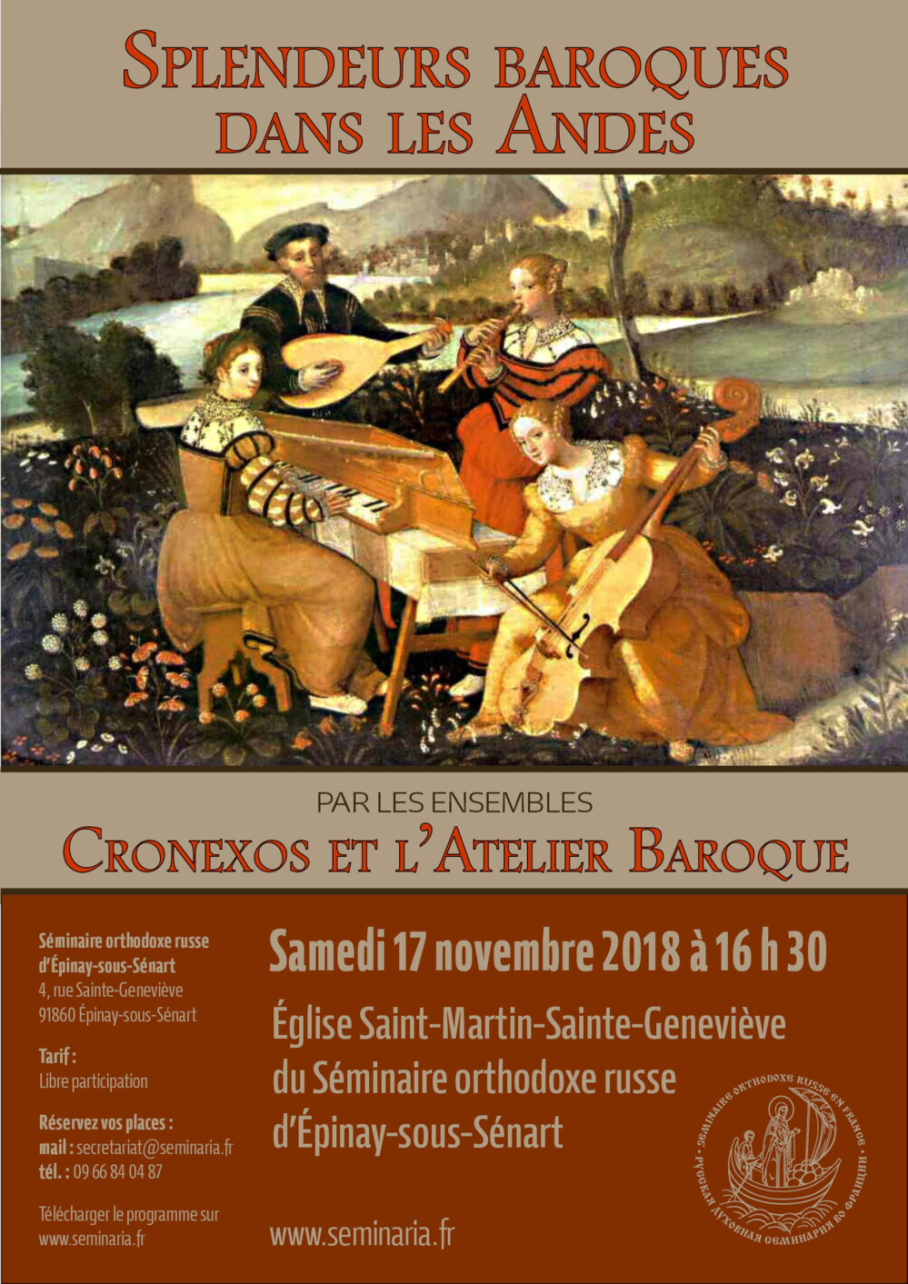 CONCERT: Splendeurs baroques dans les Andes par les ensembles Cronexos et l'Atelier Baroque: Samedi 17 novembre à 16 h 30 au Séminaire